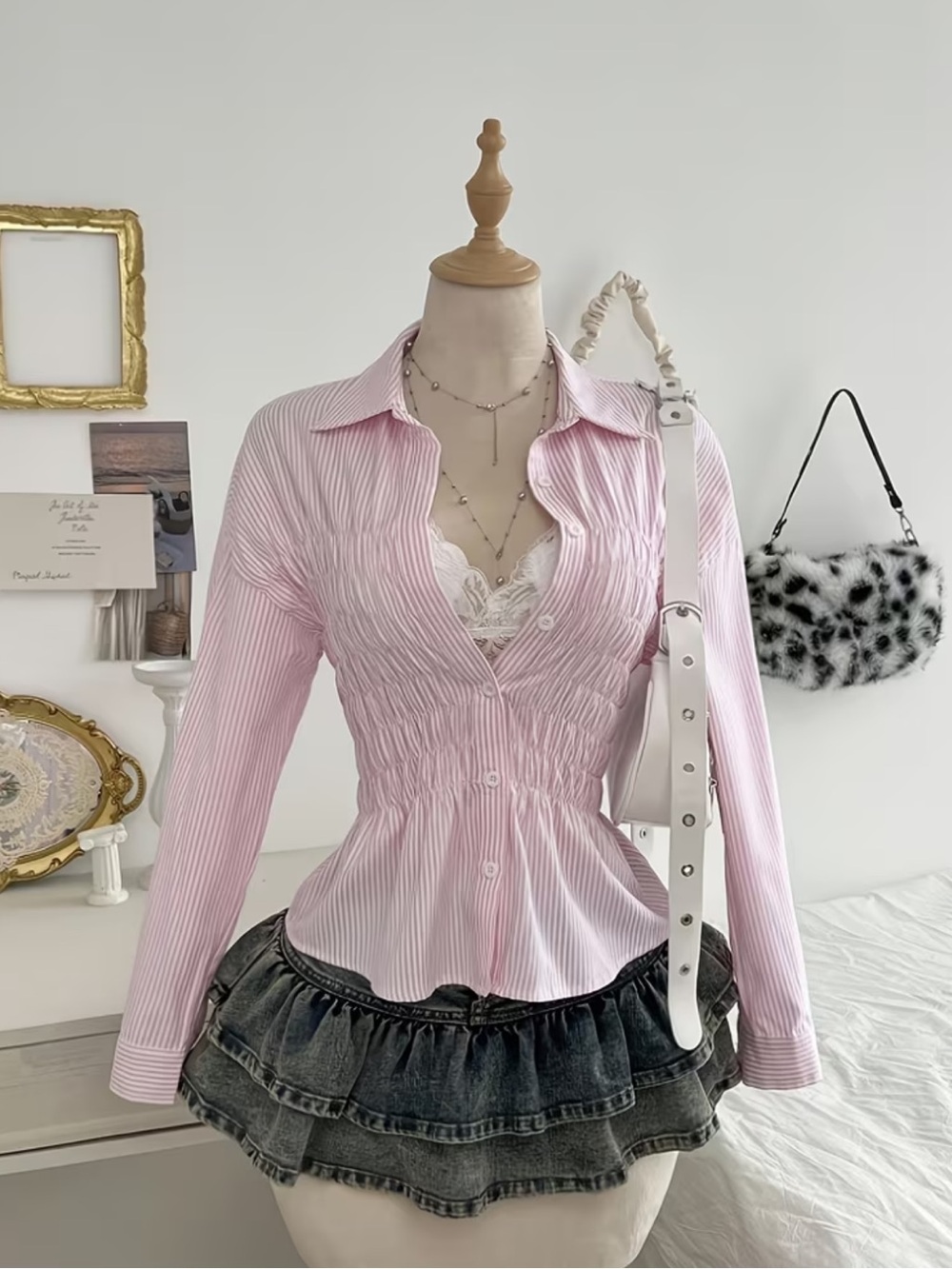 Pink Striped Ruched Button-Down Shirt - Feminine Collared Top - Picture 2 of 3